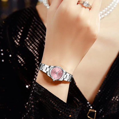 Montre de luxe pour femme 29mm à la mode en acier inoxydable avec strass rose minimaliste, horloge pour fille, montres-bracelets de voyage pour femme