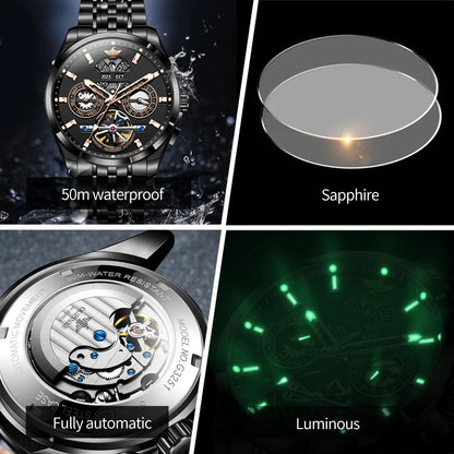 OUPINKE 3251 Auto Date Mechanical Watch for Men Hollowed Skeleton Luxury Automatic Hand Clock Top Brand Waterproof Man Watch Hot