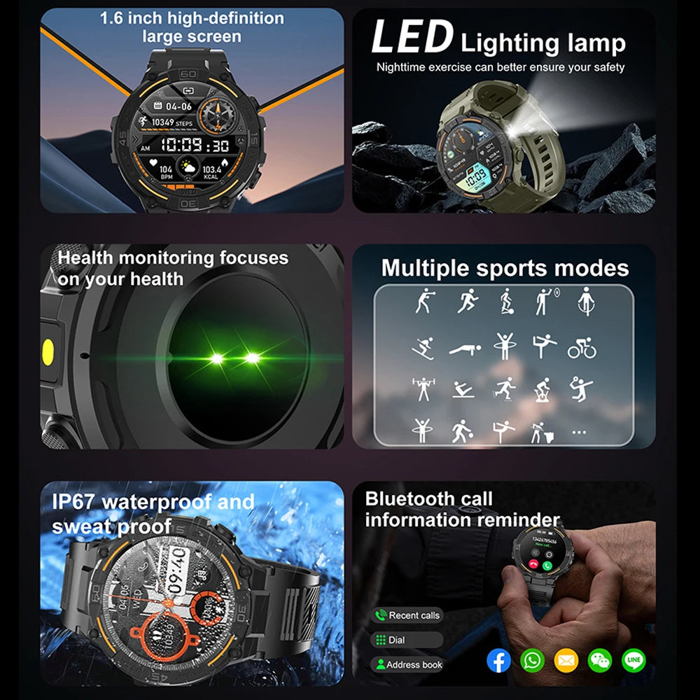 Smartwatch d'extérieur militaire 2026 pour hommes, appels Bluetooth, étanche, moniteur de santé, suivi sportif de course, compatible Android iOS
