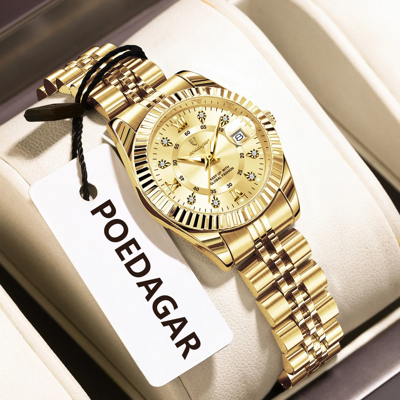 POEDAGAR Montre-bracelet de mode pour femmes Étanche Lumineuse Date Montres élégantes pour dames Montre à quartz en acier inoxydable pour femmes Reloj