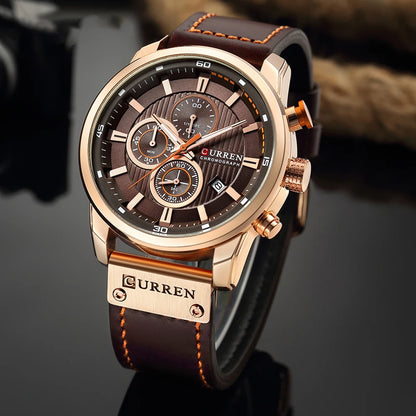 CURREN 8291 Montre Bracelet Homme Quartz Chronographe Cuir Décontracté Militaire Sport Mode Gentleman