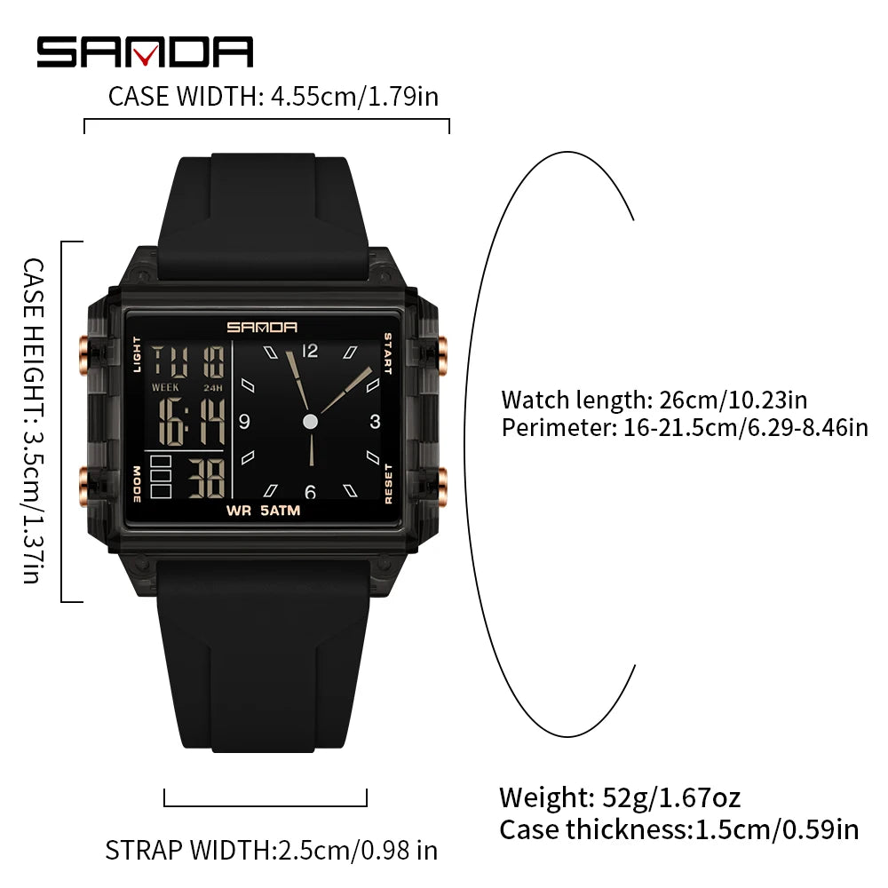 SANDA Luxury Brand Digital Watch for Men Women Square Dial Sport Waterproof Watches Man LED Pointer Display Relogios Masculino