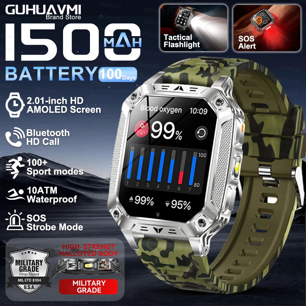 Montre Intelligente Militaire Homme 1500mAh Longue Autonomie Sport Extérieur Montre Connectée Homme Étanche 10ATM Fréquence Cardiaque Appel BT Grande Batterie
