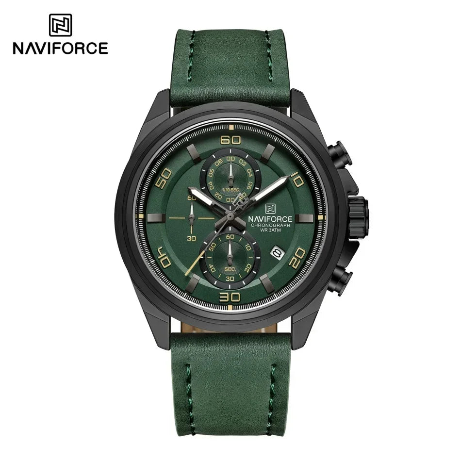 Montres NAVIFORCE pour hommes, bracelet en cuir véritable, chronographe à quartz, affichage de la date, montre-bracelet de sport étanche, cadeau masculin