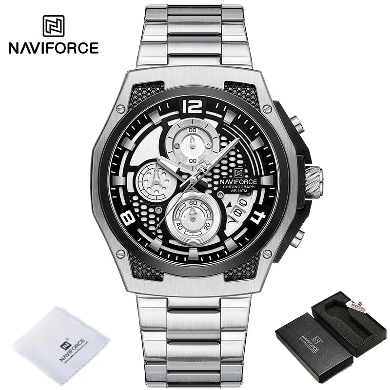 Montres Homme Sport Décontractées Marque NAVIFORCE Chronographe à Quartz Multifonction avec Affichage de la Date Bracelet en Acier Montre-Bracelet Reloj Hombre