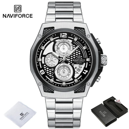 Montres Homme Sport Décontractées Marque NAVIFORCE Chronographe à Quartz Multifonction avec Affichage de la Date Bracelet en Acier Montre-Bracelet Reloj Hombre