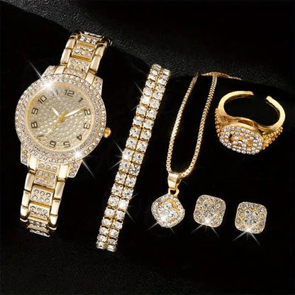 6 montres pour femme de luxe élégantes en alliage avec cristaux, bracelet en strass, montre à quartz, cadeau pour femme