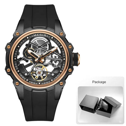 MEGIR Sports Automatic Mechanical Watch for Men Fashion Stainless Steel Cased Wristwatch with White Silicone Strap Skeleton Dial
