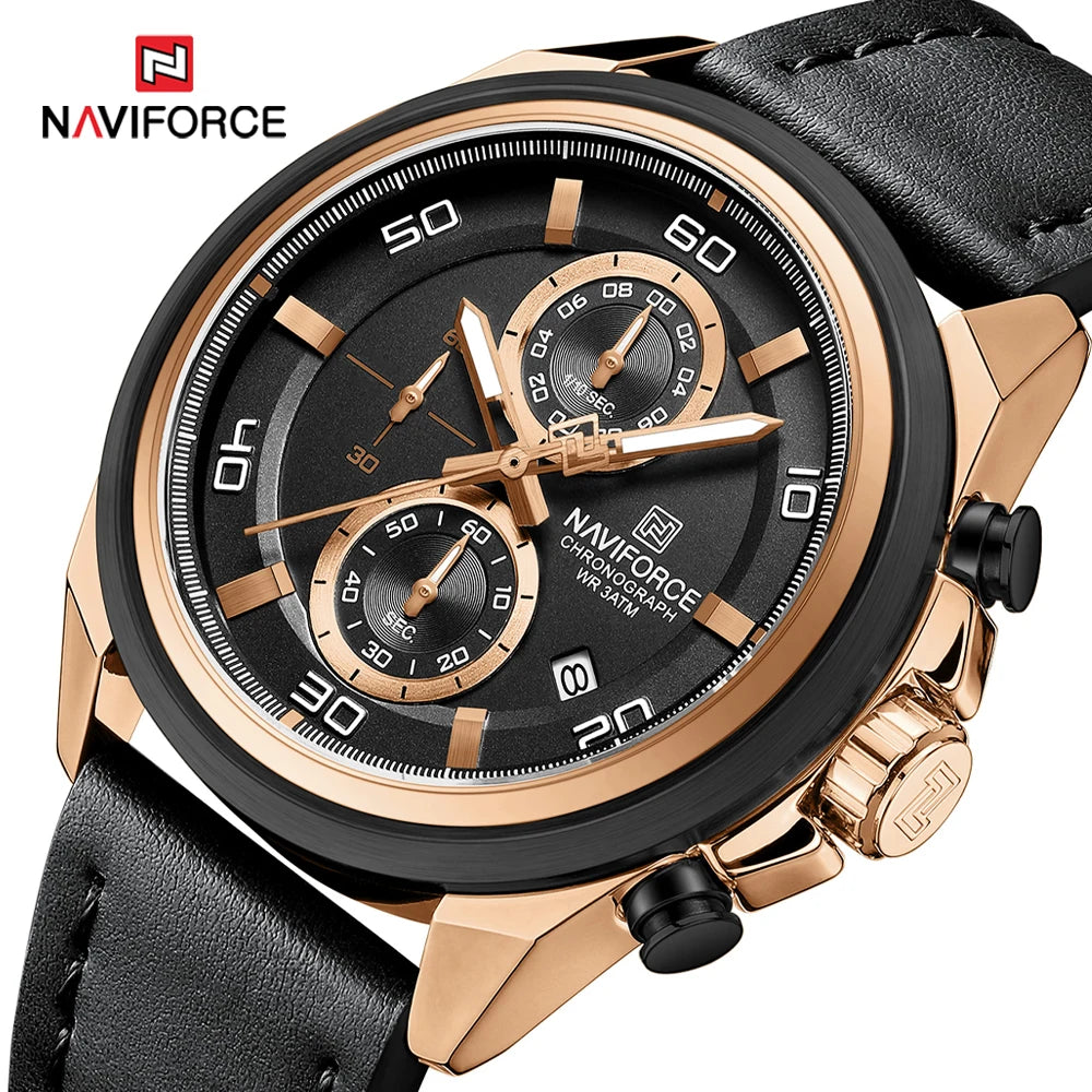 Montres étanches NAVIFORCE pour hommes Montre-bracelet à quartz de luxe en cuir véritable pour hommes Chronographe militaire tendance