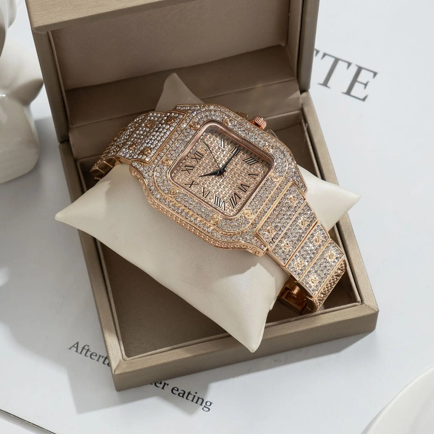 Montres pour hommes, cadran carré, ciel étoilé, ceinture en acier, incrustation de diamant, style européen américain, chiffres romains, montres-bracelets à quartz, cadeau