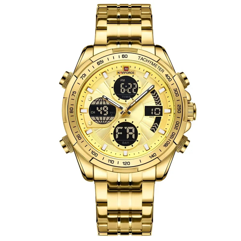 Montres de Luxe NAVIFORCE Or pour Homme Montre-bracelet Sport Militaire Numérique Quartz Bracelet Acier Étanche Lumineuse Réveil
