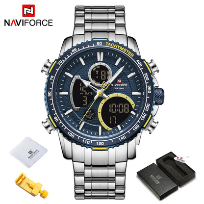 NAVIFORCE Montre Homme Tendance Marque de Luxe Sport Chronographe à Quartz Étanche Militaire en Acier Inoxydable