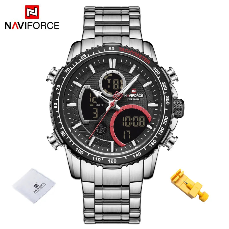 NAVIFORCE Montre Homme Tendance Marque de Luxe Sport Chronographe à Quartz Étanche Militaire en Acier Inoxydable