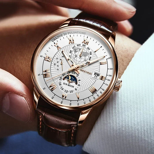 Men's leather strap watch with date display and luminous dial