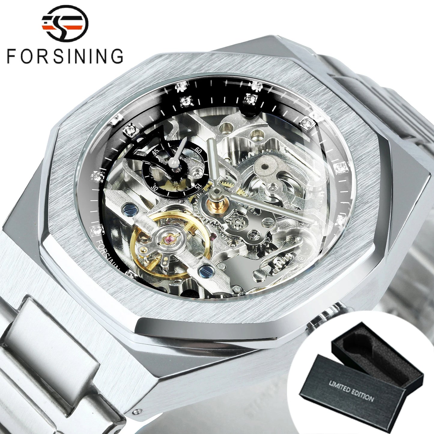 Forsining Silver Automatic Watch Men 3D Diamond Dial Irregular Tourbillon Skeleton Mechanical Wristwatches Luminous Hands Clock