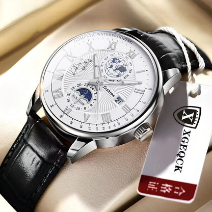 Men's leather strap watch with date display and luminous dial