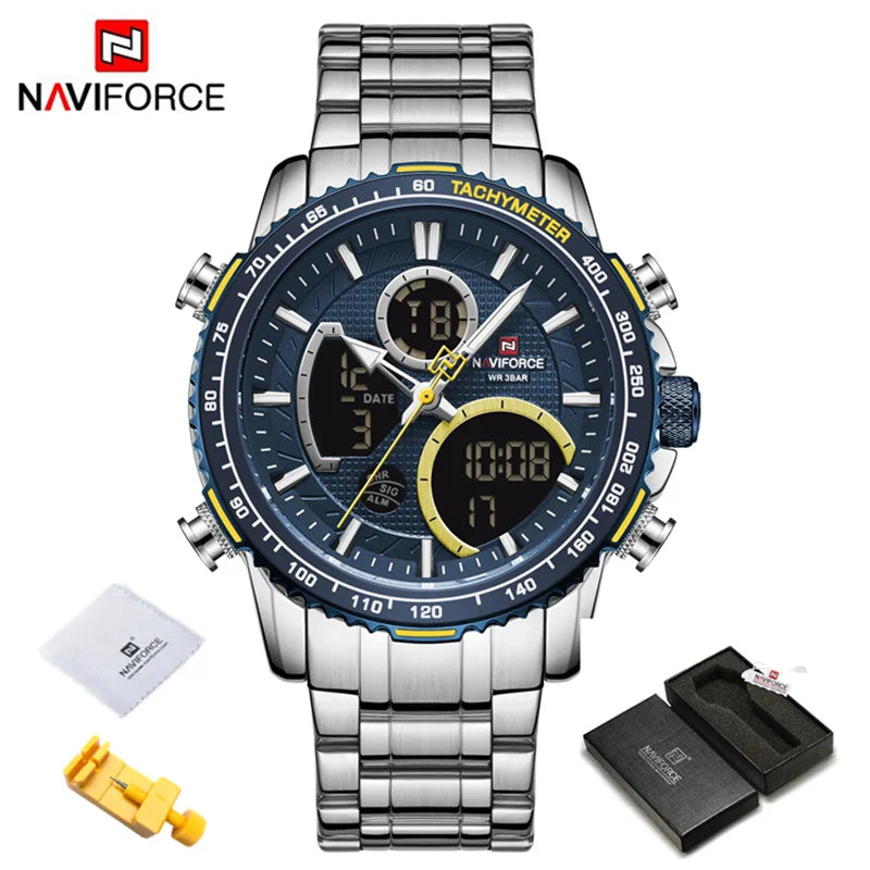 NAVIFORCE Montre Homme Tendance Marque de Luxe Sport Chronographe à Quartz Étanche Militaire en Acier Inoxydable
