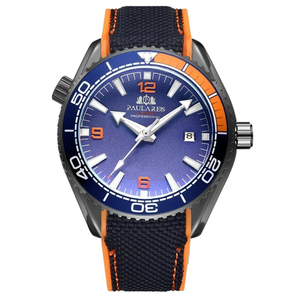 Automatic Mens Watch Mechanical Self Wind Movement Canvas Rubber Strap Orange Blue Red Luxury Fashion Watches