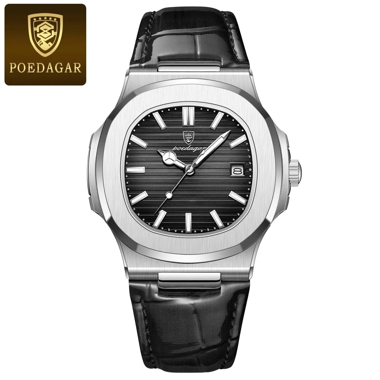 POEDAGAR Montre Homme Carrée Luxe Date Étanche Lumineuse Qualité Supérieure Bracelet Cuir Montre-Bracelet Quartz Homme+Boîte Reloj