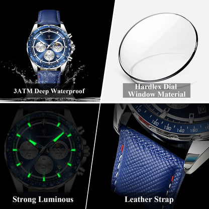 POEDAGAR Montre Homme Originale Tendance Lumineuse Étanche Chronographe Date Bracelet Cuir Quartz Sport Montres Hommes Reloj