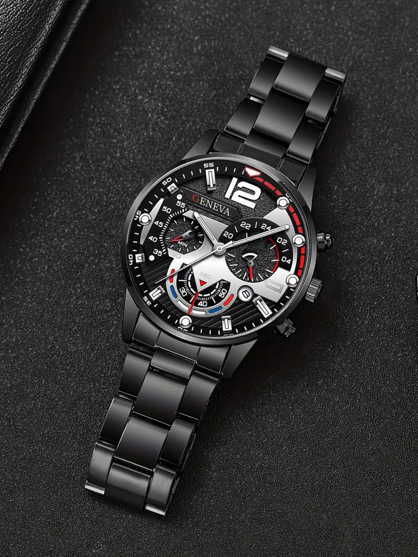 Ensemble Montre Tendance Quartz Homme avec Bracelet Collier Bague Fonction Calendrier Cadeau d'Anniversaire Sans Boîte