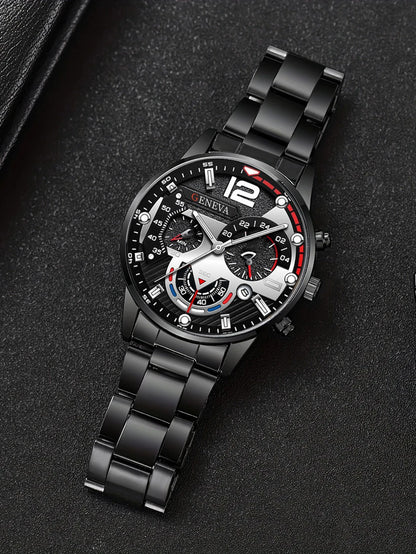 Ensemble Montre Tendance Quartz Homme avec Bracelet Collier Bague Fonction Calendrier Cadeau d'Anniversaire Sans Boîte