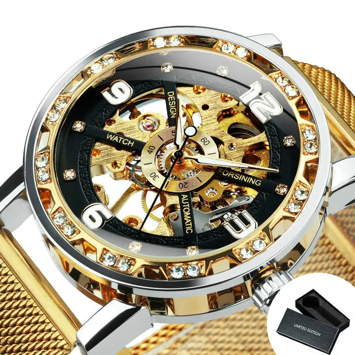Forsining Luxury Diamond Mechanical Watches Luminous Hands Retro Skeleton Gold Watch for Men Stainless Steel Strap Wristwatches