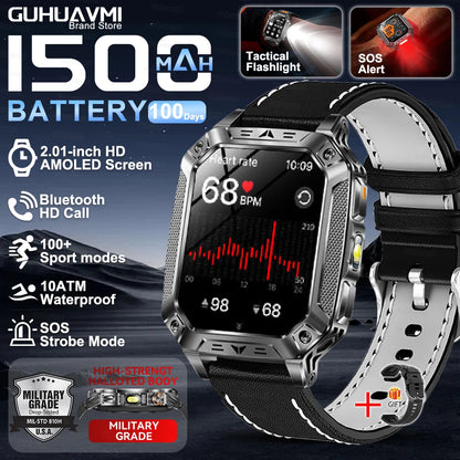 Montre Intelligente Militaire Homme 1500mAh Longue Autonomie Sport Extérieur Montre Connectée Homme Étanche 10ATM Fréquence Cardiaque Appel BT Grande Batterie