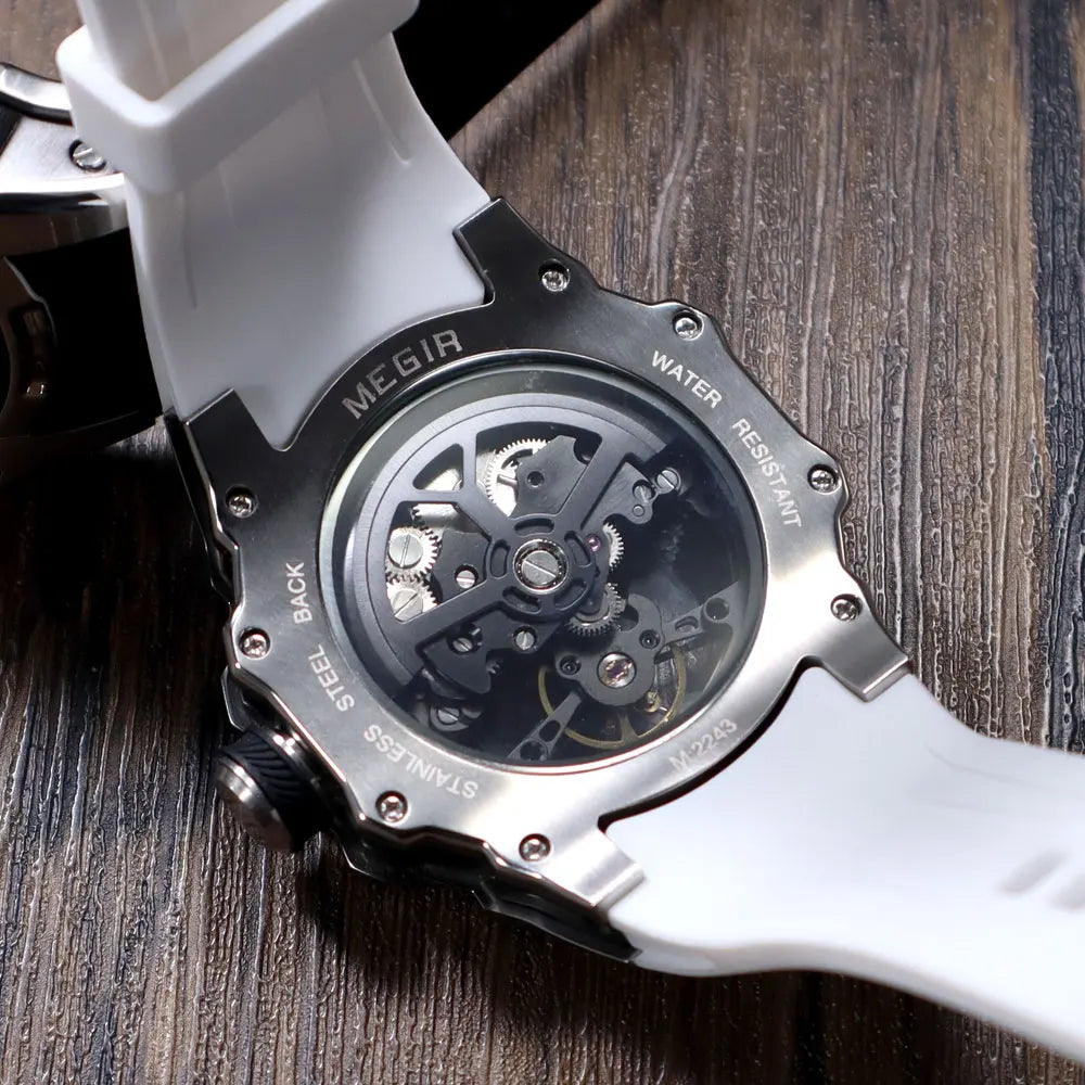 MEGIR Sports Automatic Mechanical Watch for Men Fashion Stainless Steel Cased Wristwatch with White Silicone Strap Skeleton Dial