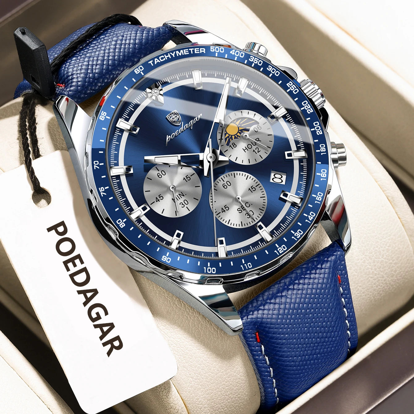 POEDAGAR Montre Homme Originale Tendance Lumineuse Étanche Chronographe Date Bracelet Cuir Quartz Sport Montres Hommes Reloj