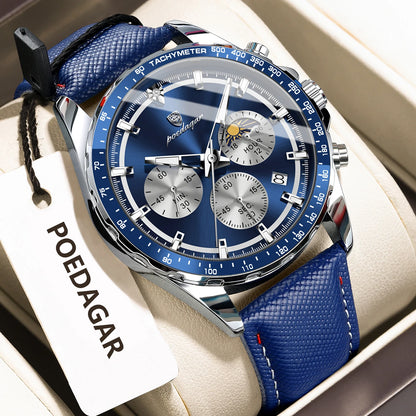 POEDAGAR Montre Homme Originale Tendance Lumineuse Étanche Chronographe Date Bracelet Cuir Quartz Sport Montres Hommes Reloj