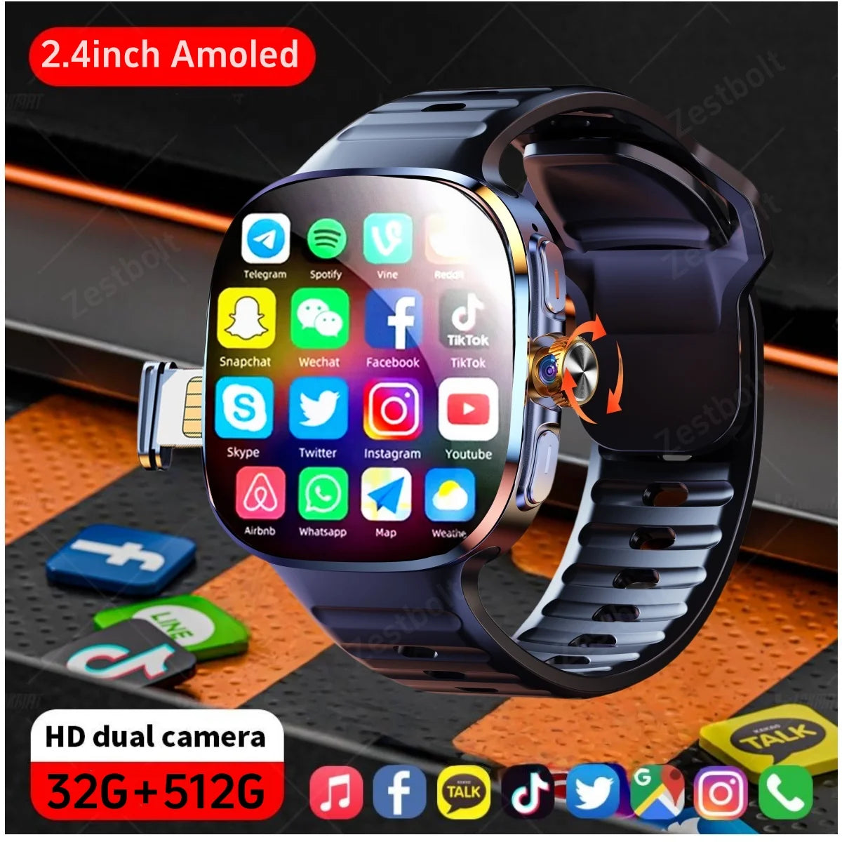 Montre connectée M99 avec écran Amoled plus grand de 2,4 pouces, menu à 12 panneaux, caméra rotative à 190°, batterie de 2100 mAh et système d'exploitation Android 10.0