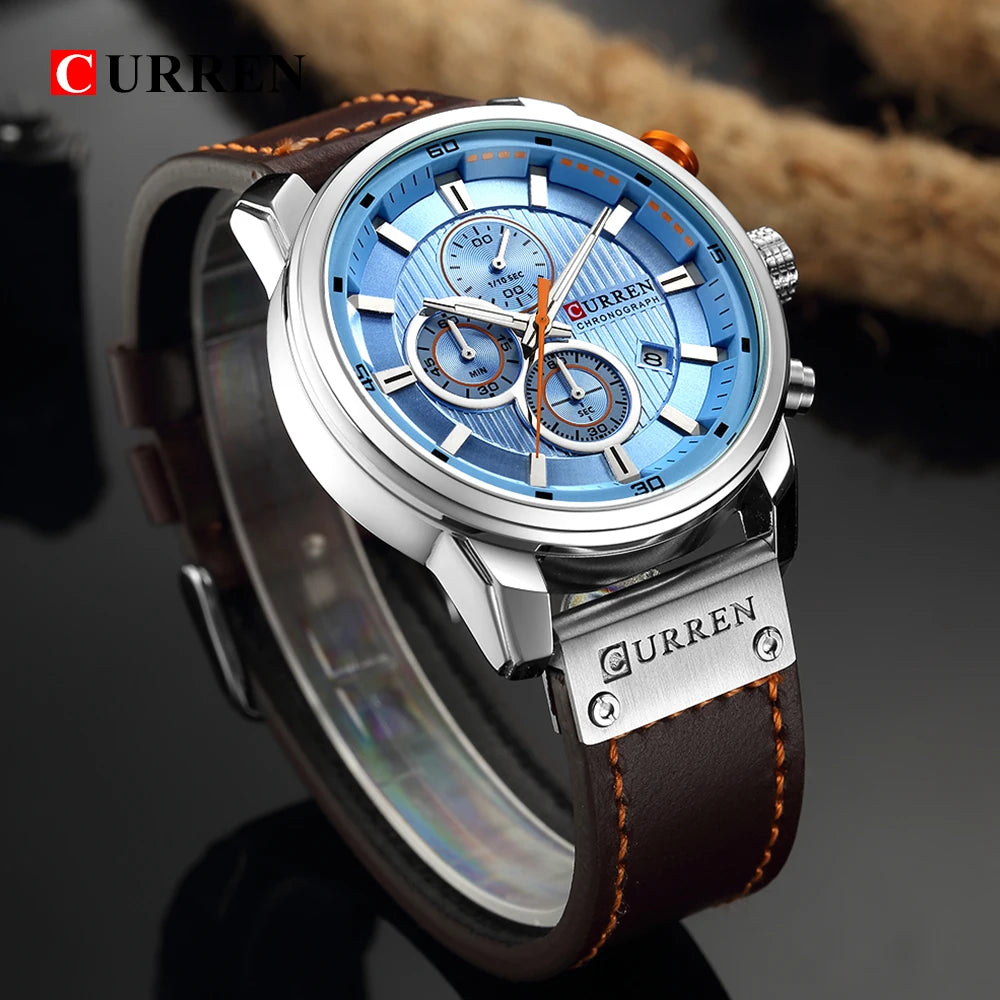CURREN 8291 Montre Bracelet Homme Quartz Chronographe Cuir Décontracté Militaire Sport Mode Gentleman