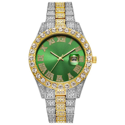 Montre de luxe hip-hop en acier inoxydable doré avec calendrier pour homme, sertie de strass, montre pour homme Reloj Hombre