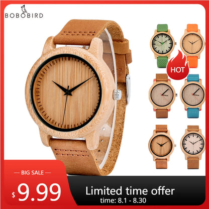 Montre en bois unisexe BOBO BIRD pour hommes et femmes, légère, fabriquée à la main, à quartz, personnalisée en bambou
