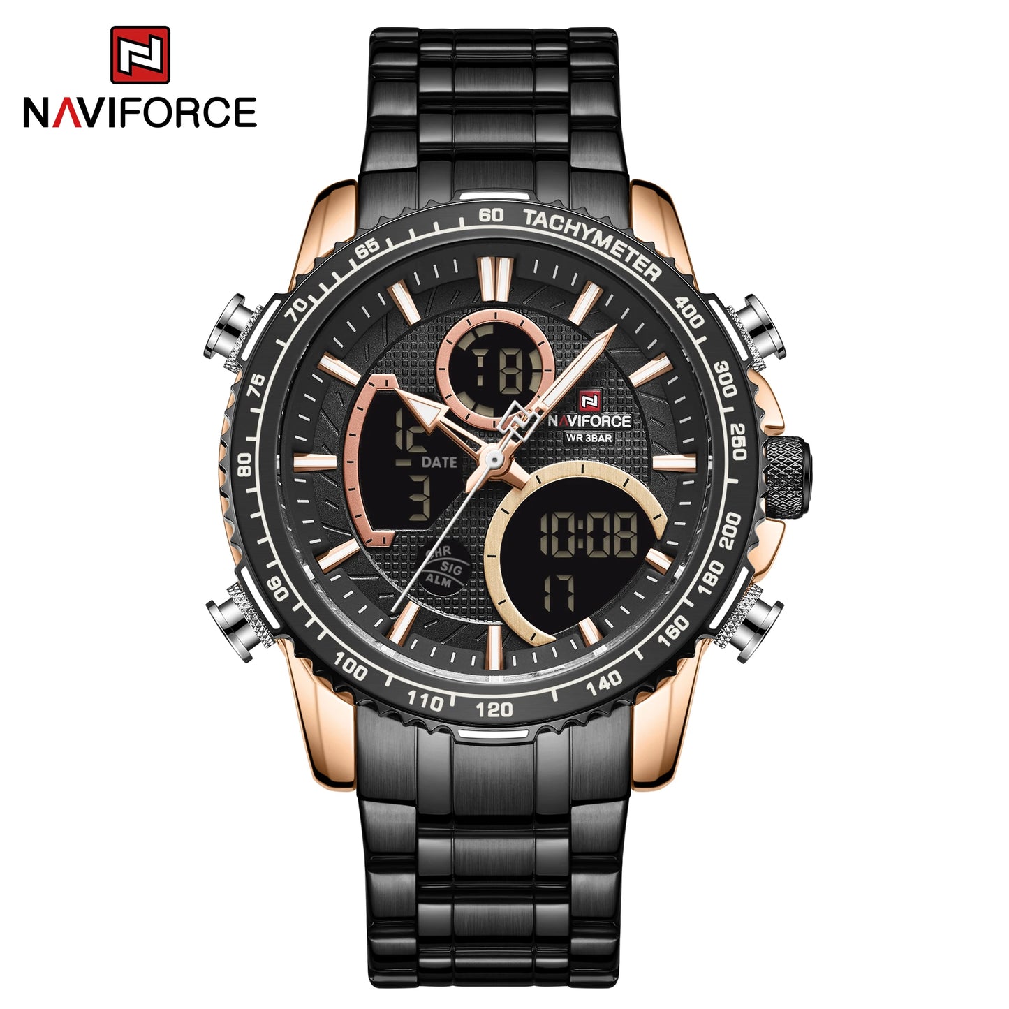 NAVIFORCE Montre Homme Tendance Marque de Luxe Sport Chronographe à Quartz Étanche Militaire en Acier Inoxydable