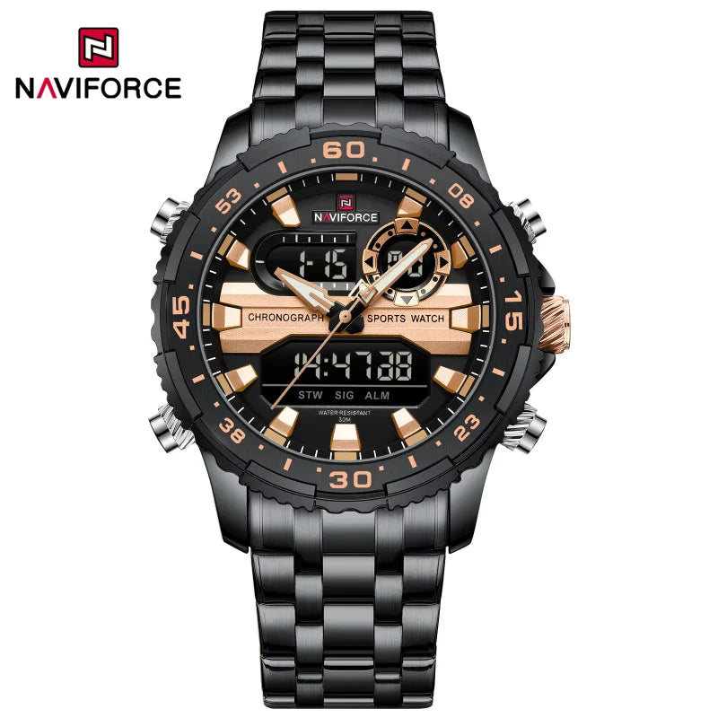 Montres Homme NAVIFORCE Original Tendance Marque LCD Affichage Analogique Numérique Quartz Homme Horloge 30m Étanche Lumineuse Montre-Bracelet Homme