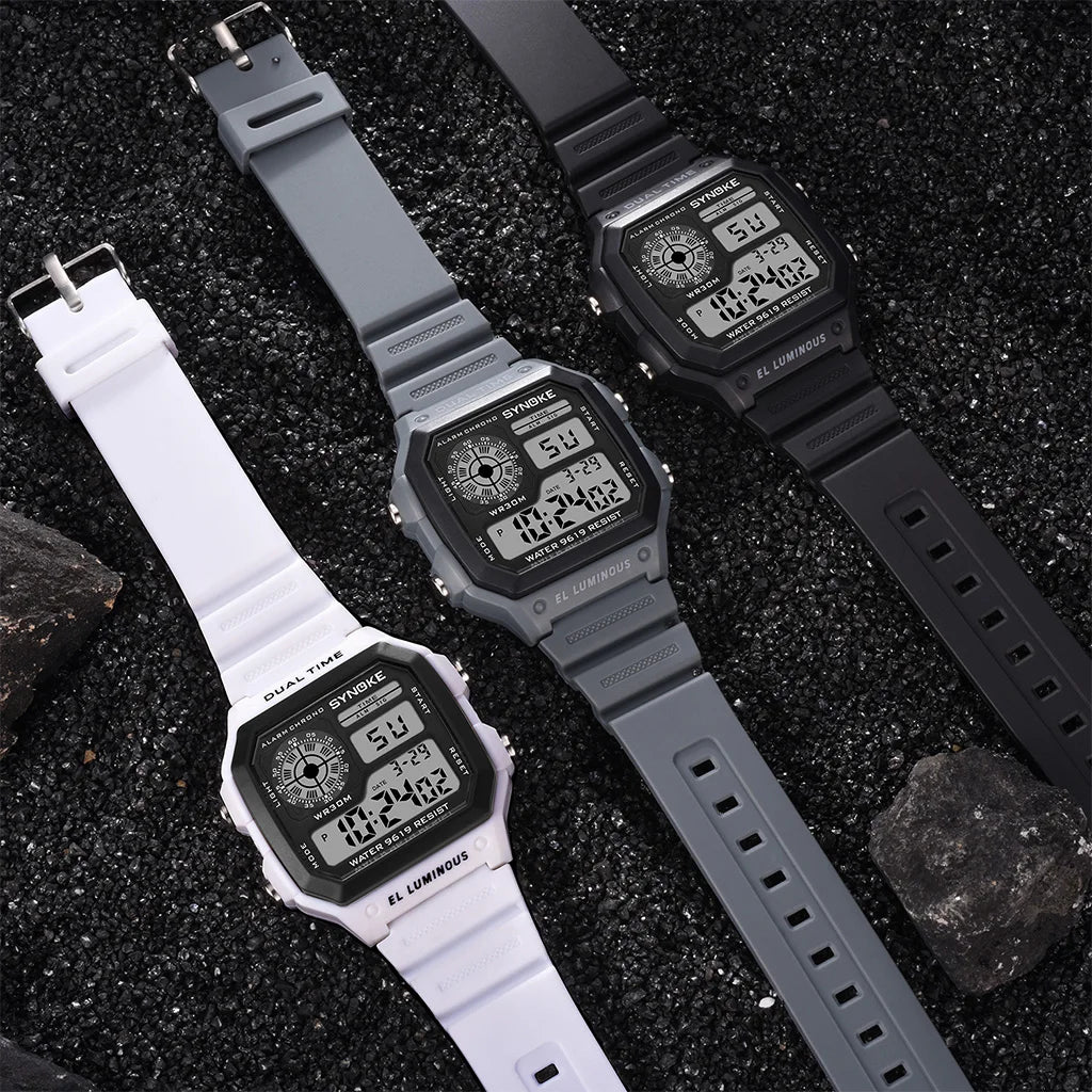 Montres numériques Hommes Sports Lumineuses Multifonction Étanche Femmes Montre-bracelet Extérieur et Course Étudiant Sept Lumières Synoke