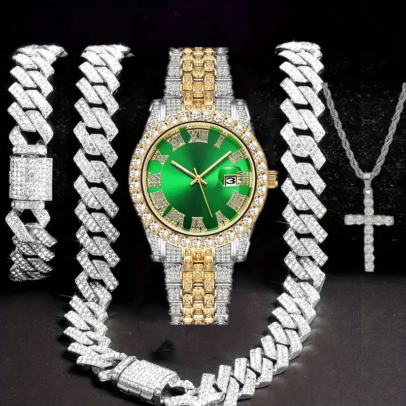 ChronoState Bling Ensemble de 4 pièces – Montre à quartz Hip Hop et collection de bijoux chaîne cubaine