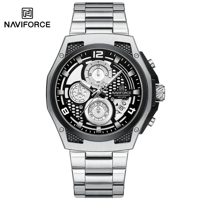 Montres Homme Sport Décontractées Marque NAVIFORCE Chronographe à Quartz Multifonction avec Affichage de la Date Bracelet en Acier Montre-Bracelet Reloj Hombre