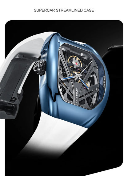 ChronoState CRONUSART R1-002 49MM – Montre tonneau squelette automatique | Montre mécanique en caoutchouc fluoré