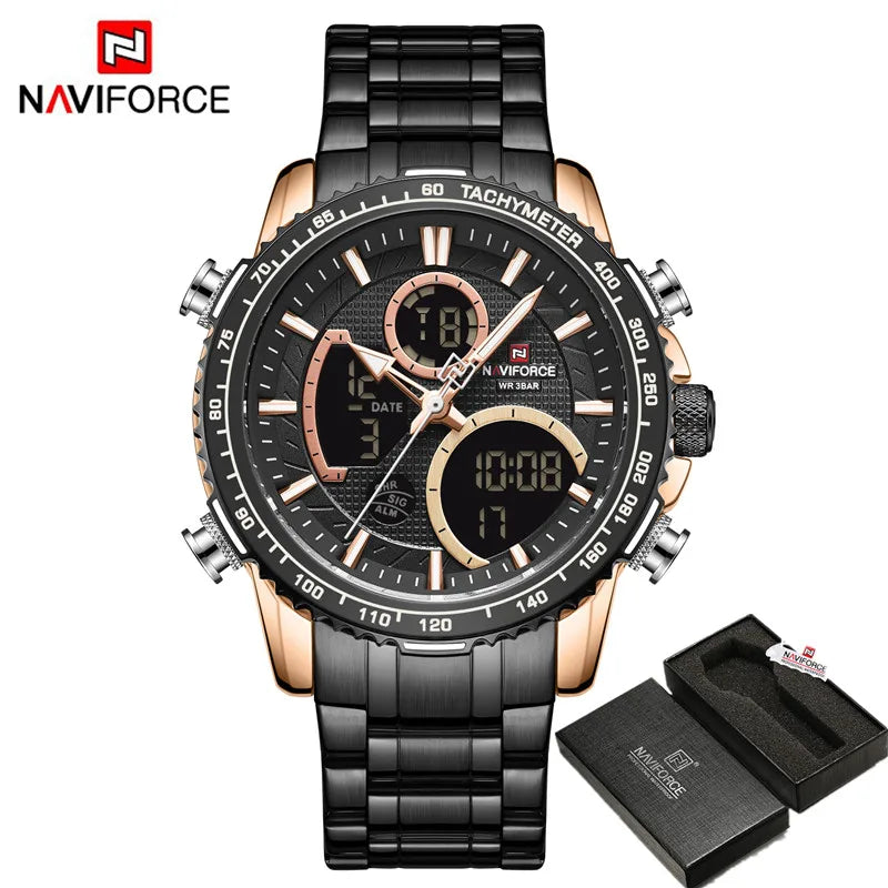 NAVIFORCE Montre Homme Tendance Marque de Luxe Sport Chronographe à Quartz Étanche Militaire en Acier Inoxydable