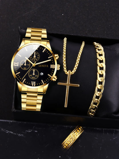 Ensemble de 4 pièces : montre à quartz pour homme en alliage doré de style romain avec calendrier et collier croix, bracelet et bague, cadeau sélectionné