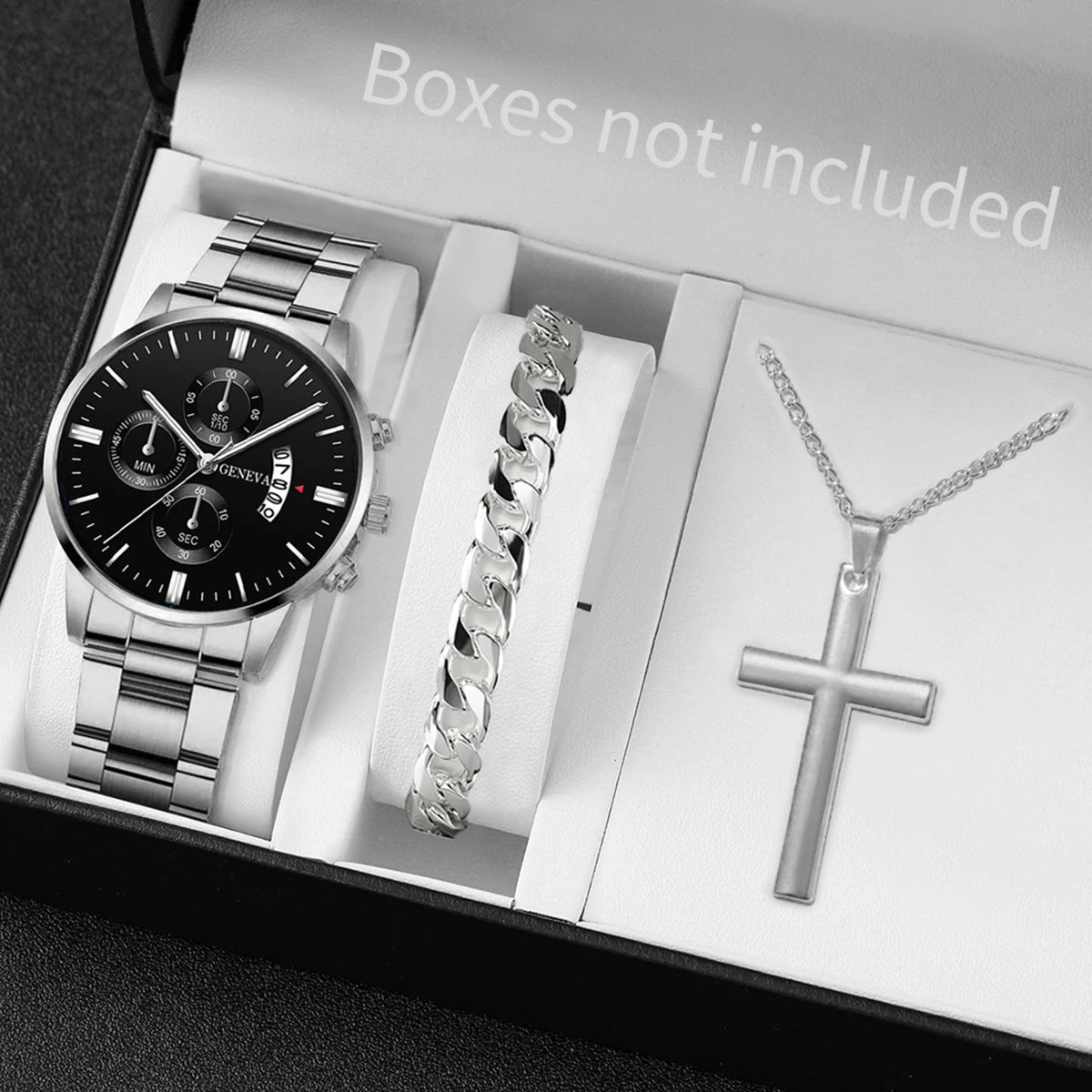 3 pièces/ensemble Montre à bracelet en acier inoxydable pour hommes, mode, montre-bracelet décontractée à quartz avec calendrier, ensemble de bijoux (sans boîte)