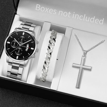 3 pièces/ensemble Montre à bracelet en acier inoxydable pour hommes, mode, montre-bracelet décontractée à quartz avec calendrier, ensemble de bijoux (sans boîte)