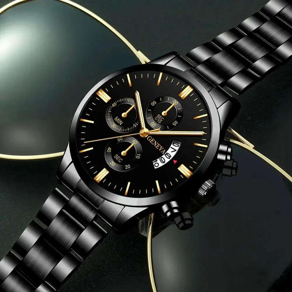 Men's stainless steel watch with calendar display and classic dial