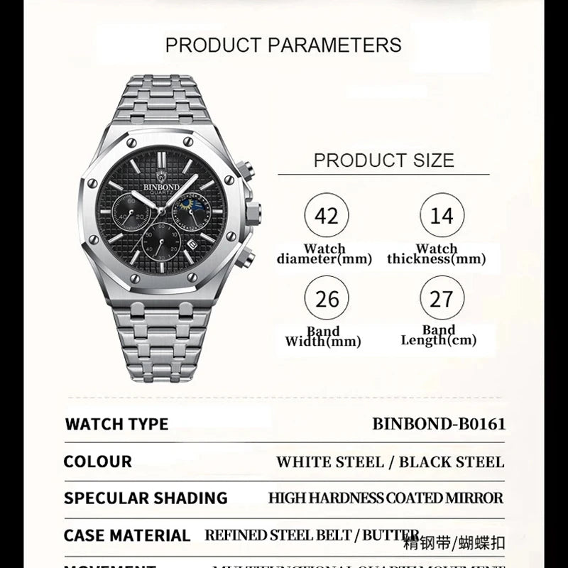 BINBOND 0161 Luminous Chronograph Stainless Steel Watch