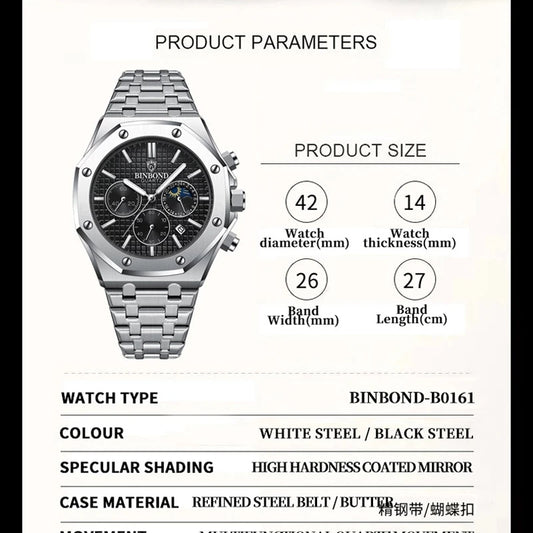 BINBOND 0161 Luminous Chronograph Stainless Steel Watch