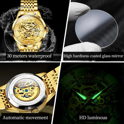 Montres OLEVS 9920 pour hommes, en acier inoxydable massif, étanches, lumineuses, de luxe, à mouvement automatique mécanique original et creux.