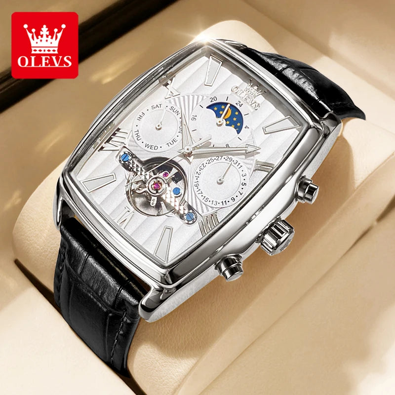 OLEVS 6675 Montre automatique originale pour homme, marque de luxe, cadran carré, phase de lune, volant ajouré, montre-bracelet mécanique pour homme